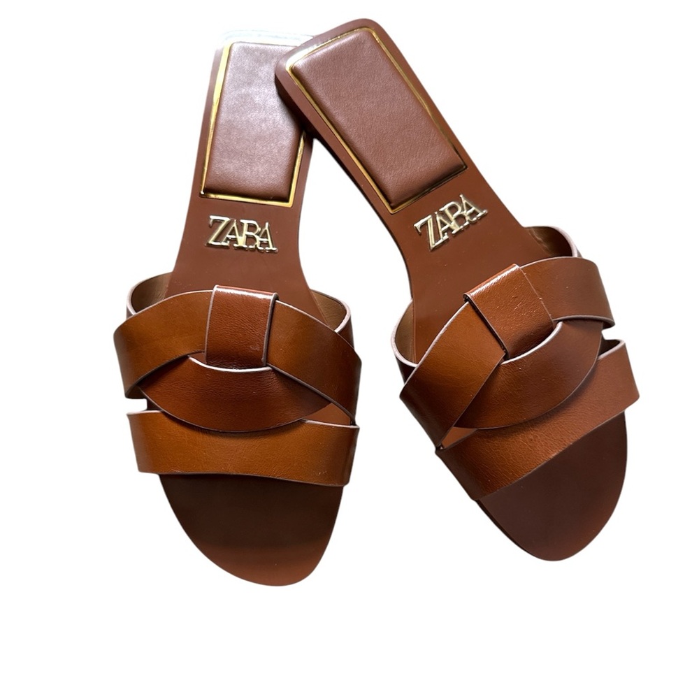 Zara Brown Braided Leather Slide Sandals with Gold Logo